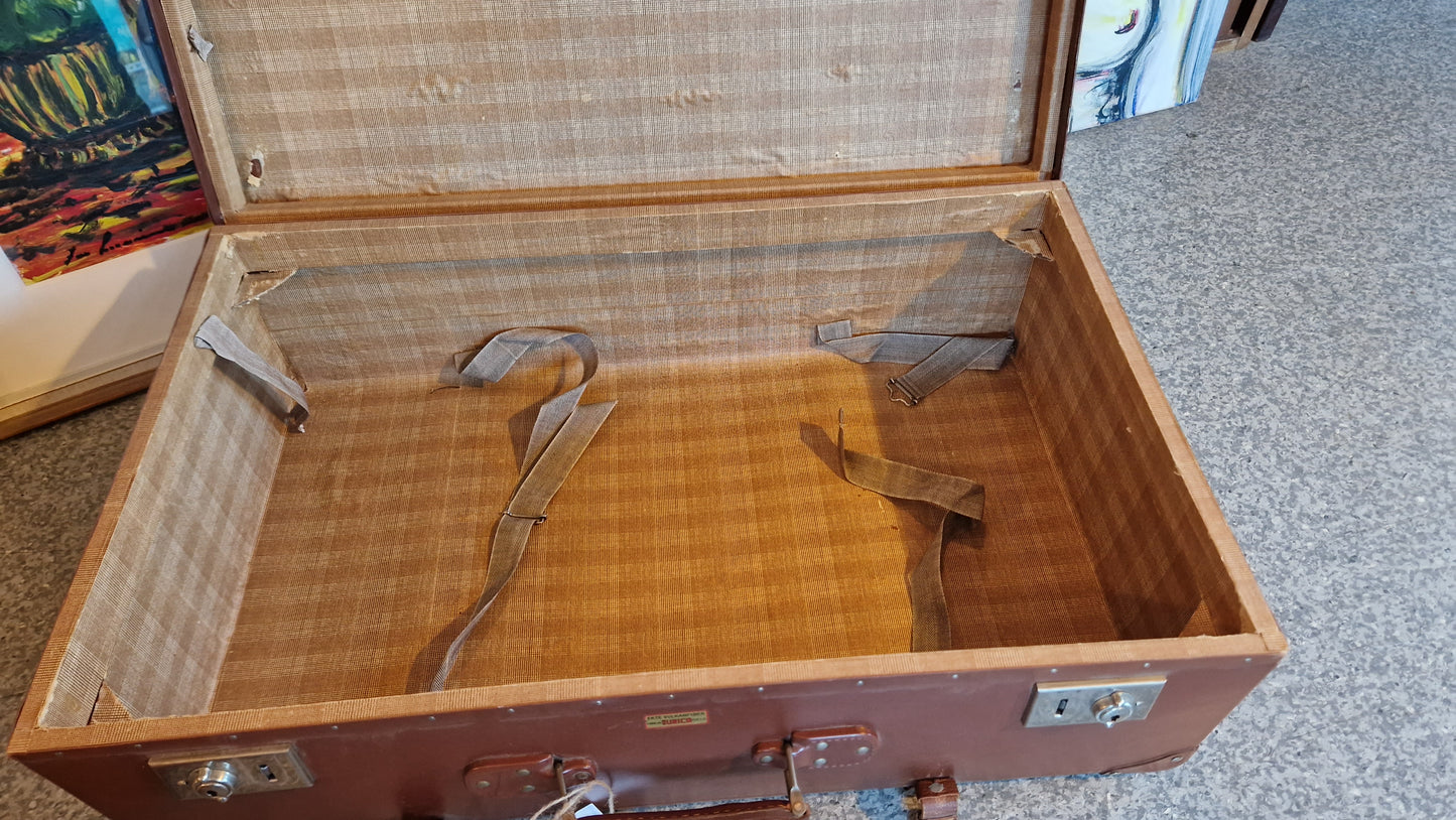 Koffert vintage med skinn og tre
